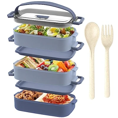 Image of OITUGG Lunch Box Premium 3 Layer Bento for Adults Work 2200ml Lunchbox with Cutlery and Pcs Compartment Adjustable, Leak Proof, BPA Free, Microwaveable, 19.5 x 11.2 15cm, Blue