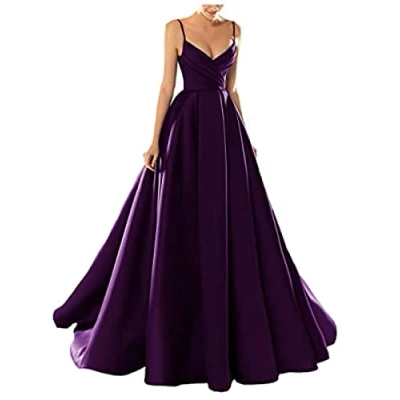 Image of yhfshop Formal Long Evening Party Dress,Sexy V Neck Spaghetti Strap Satin Dress,Grape Purple,US8,Gowns Bridesmaid Dresses