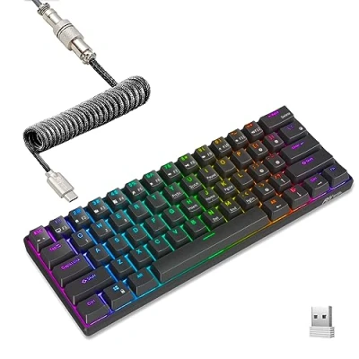Image of RK ROYAL KLUDGE RK61 60% Mechanical Keyboard with Coiled Cable, 2.4Ghz/Bluetooth/Wired, Wireless Bluetooth Mini 61 Keys, RGB Hot Swappable Blue Switch Gaming Software Black