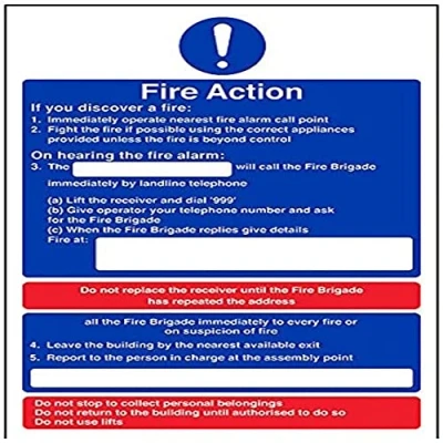 Image of V Safety 12008AU S General Fire Action Suspicious Sign Portrait 200mm x 300mm Self Adhesive Vinyl, Blue/Red