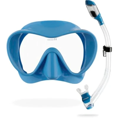 Image of CRESSI F1 Combo Set Blue Metal Frameless Mask + Snorkel Dry for Diving and Snorkeling, Metal, One Size, Unisex