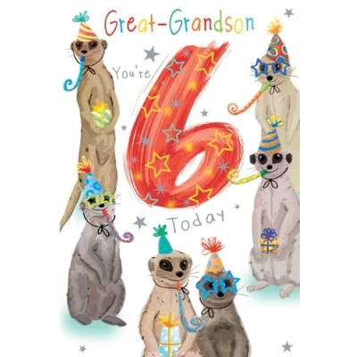 Image of Great Grandson 6th Birthday Card Age 6 Meerkats 9&quot; x 6&quot; Lovely Verse