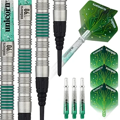 Image of Unicorn Soft Tip Darts Set Core XL T90 Series Style 2 90% Tungsten Barrels with Green Accents 21 g