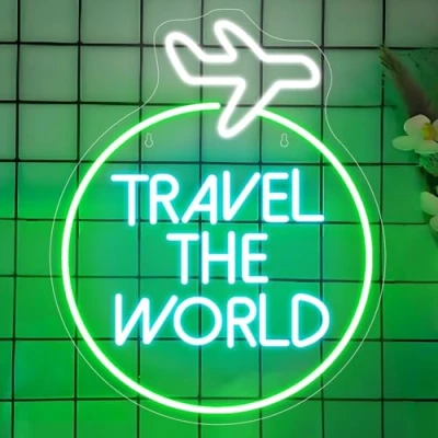 Image of Travel The World Neon Sign, LED Dimmable Airplane Light Up Sign USB Powered for Wall Decor, Lights Bedroom Bar Man Cave Living Room Party