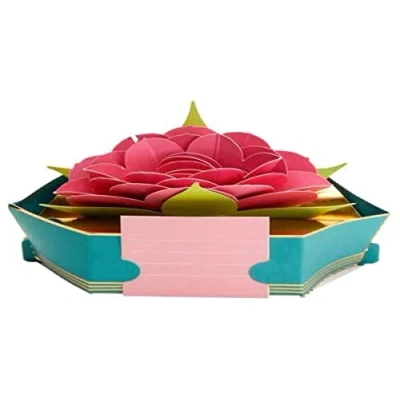 Image of Draeger Paris Pop Up Greeting Card, 3D Card with Envelope Royal Pink Lotus Flower Japanese Zen Spirit Fuchsia Green and Gold Size 18 x 11,5 cm