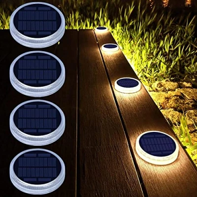 Image of Lacasa Solar Decking Lights, 4 Pack LED Lights Outdoor Garden Warm White IP68 Waterproof Step Ground Dock Dusk to Dawn for Patio Lawn Pathway Driveway Walkway Lighting