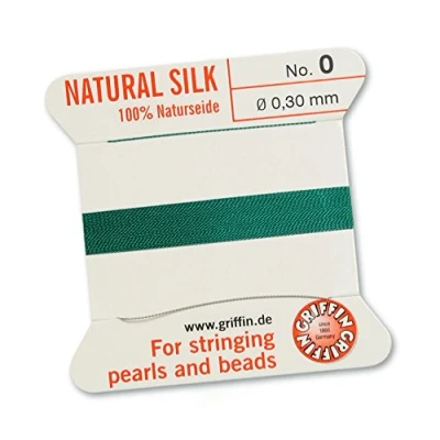 Image of GRIFFIN 100% Natural Silk Beading Cord String Thread Green 2 metres with one needle Size 0.3mm