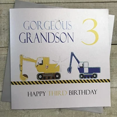 Image of WHITE COTTON CARDS Diggers Gorgeous Grandson 3 Happy Third Handmade 3rd Birthday Card, XN216