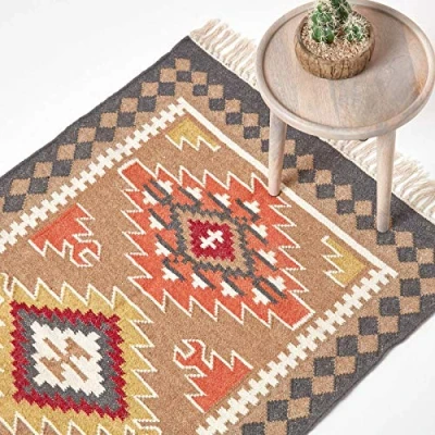 Image of HOMESCAPES Jaipur Brown, Orange &amp; Grey Handwoven Kilim Rug for Living Room Traditional Wool with Fringe, 120 x 170 cm