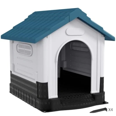 Image of PawHut Dog Kennel for Outside, Plastic House, Water Resistant Pet Shelter with Windows, Garden Patio, Medium and Large Dogs, 101 x 88 99cm Blue