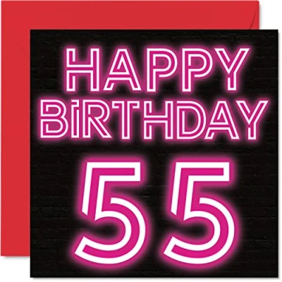Image of Fun 55th Birthday Cards for Men Woman Neon Glow Happy Card Dad Mum Grandad Nanny Grandma Uncle Auntie Cousin Friend, 145mm x Greeting Cards,