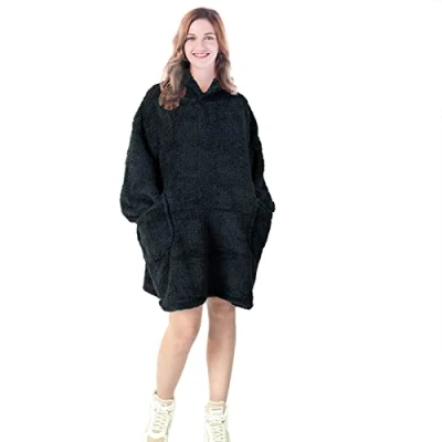 Image of EHC Unisex Oversized Wearable Soft Warm Teddy Fleece Hoodie Sweatshirt Cuddly Blanket, Gift For Her, Him 80 x 90 cm, Black