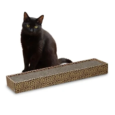 Image of Croci Cardboard Cat Scratching Post 2 Layers Reversible with Non Slip Feet Including Catnip Bag, Leopard Style, 48 x 12.5 5 cm