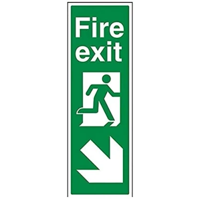 Image of V Safety Fire Exit Arrow Down Right Sign 150mm x 450mm 1mm Rigid Plastic