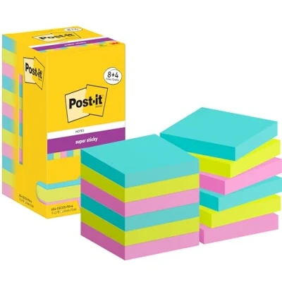 Image of Post it Super Sticky Notes Cosmic Color Collection, 8 Pads + 4 FREE, 90 Sheets per Pad, 76 mm x mm, Turquoise, Green, Pink Colors Extra For Note Taking, To Do Lists &amp; Reminders