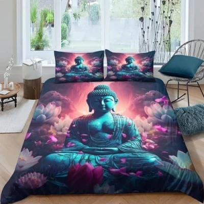 Image of Buddha 3D Printed Duvet Cover Set 3 Pieces Soft Microfiber Buddhist Meditation Quilt with Pillowcases And Zipper Closure for Girls Boys Children Comforter Bedding Double（200x200cm）