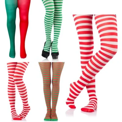 Image of Ladies Christmas Striped Tights Elf Santa Fancy Dress Costume Accessories Women Stripe Stockings (Red and White Striped)