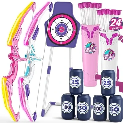 Image of HYES 2 Pack Bow and Arrow for Kids, LED Light Up Archery Set with 24 Suction Cup Arrows, 1 Standing Target, 6 Score Targets, Quiver, Indoor Outdoor Sport Gifts Girls Ages 4 12