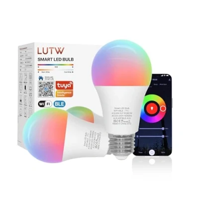 Image of LUTW Smart Light Bulb, E27 Screw LED Bulb Colour Changing, Compatible with Amazon Alexa, Google Home, 9W 900lm RGBCW 2700K 6500K Bluetooth &amp;WiFi 2.4GHz, Pack of 2 (No Hub Required)