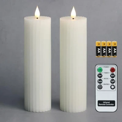 Image of Fanna 20.5 cm White Slim Column Battery Operated LED Candles, Flameless Pillar Candles Stripe Design for Christmas, Batteries and Remote Included Set of 2
