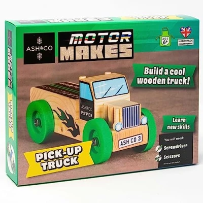 Image of Ash &amp; Co Motor Makes Build a Wooden Truck Woodwork kit for Kids Fun Craft Boys and Girls Age 6+ (Pick Up Truck/Green)