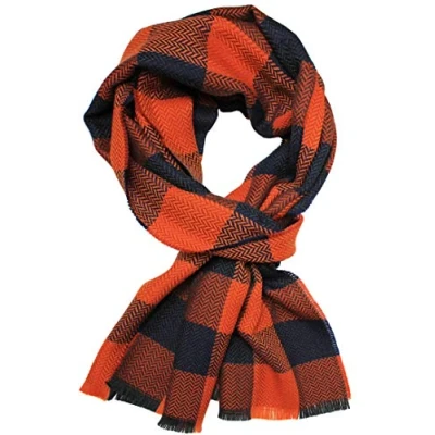 Image of Rotfuchs Woven Scarf Checked Orange Marine 100% Wool Made in Germany
