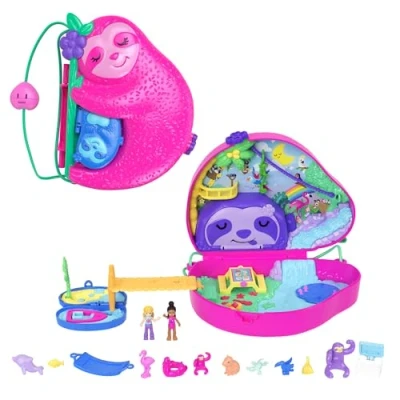 Image of Polly Pocket Playset and Travel Toy with 2 Micro Dolls 12 Accessories, Animal Toy, Sloth in 1 Purse Compact