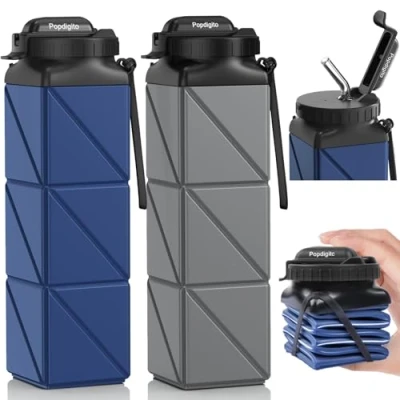 Image of Popdigito 2pcs Collapsible Water Bottles,BPA Free Silicone Foldable Bottle Upgrade Leakproof Lid,Reusable Lightweight Sport Bottles For Travel Camping Hiking Outdoor,Dark Blue+Dark Gray