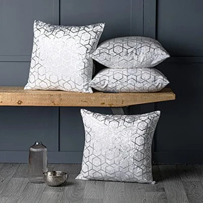 Image of Red Rainbow Luxury Metallic White Crushed Velvet Geometric Cushion Covers, 18&quot; x 18&quot;, Set of 4