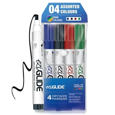 Image of Eziglide Assorted Chisel Tip Whiteboard Pens 4 Pack, Black, Red, Blue &amp; Green Markers, Hard wearing Dry Wipe for Whiteboard, Colour White Board Markers Erasable
