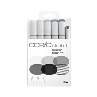 Image of Copic Sketch Coloured Marker Pen Set of 5 Greys + 1 Multiliner SP, For Art &amp; Crafts, Colouring, Graphics, Highlighter, Design, Anime, Professional Beginners, Supplies Colouring Books