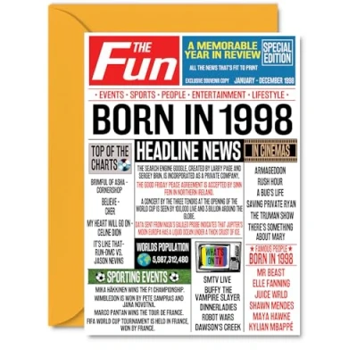 Image of 26th Birthday Cards for Women Men Born In 1998 Newspaper Happy 26 Card Sister Brother Friend Vintage Retro Back 1998, A5 Twenty Six Sixth Bday Greeting