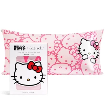 Image of Kitsch x Hello Kitty Satin Pillowcase with Zipper for Hair, Softer Than Silk Pillow Cases King, Cooling Covers, Machine Washable Wrinkle Free, King 19&quot;x36&quot;, Pink Faces