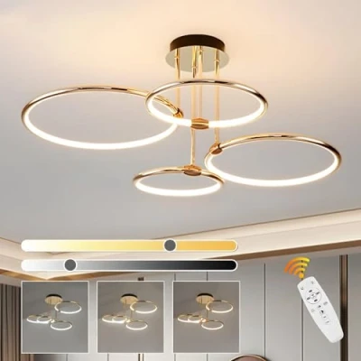 Image of Led Gold Ceiling Light, 4 Round Ring Design/ Ø75cm Chandelier, 85W Stepless Dimmable, Creative Metal Electroplate Pendant, Modern Lamp For Bedroom Living Children Office Study Kitchen Hallway