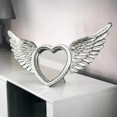 Image of HomeZone Angel Wings Silver Heart Mirror Wall Mounted Freestanding Vanity Decorative Home Accessories for Bedroom, Living Room Decor