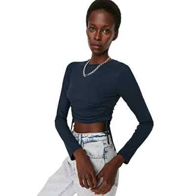 Image of Trendyol Women Young Slim fit Basic Crew Neck Knit Blouse Dark Blue
