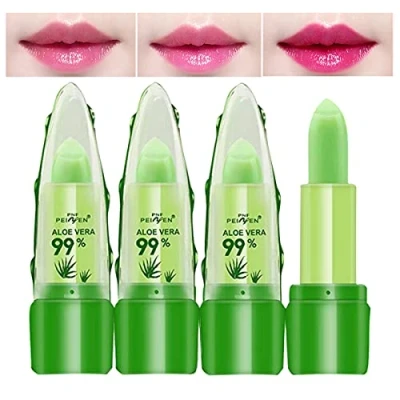Image of Skynest 3 Pack Aloe Vera Lip Balm, Moisturizing Lipstick Temperature Color Change Gloss Long Lasting Nutritious Plumper Set (Green)