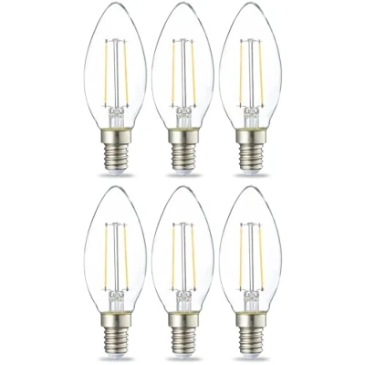 Image of Amazon Basics LED E14 Small Edison Screw Candle Bulb, 2.1W (Equivalent to 25W), Clear Filament, Non Dimmable, Pack of 6, Warm White