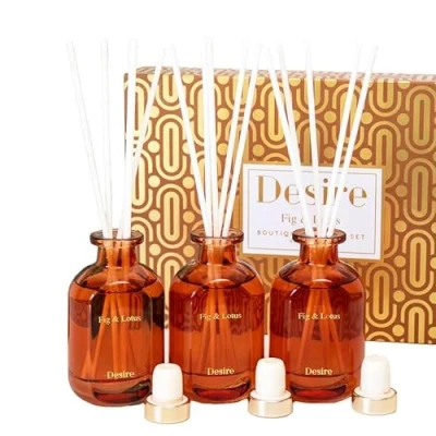Image of Set Of 3 Fig &amp; Lotus Reed Diffusers 50ml Brown Glass Bottle Scent Fragrance Boxed