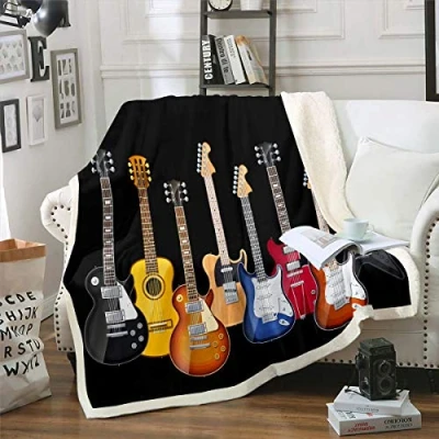 Image of Guitar Printed Fleece Blanket Rock Music Themed Warm Plush for Sofa Couch Colorful Musical Pattern Sherpa Throw Hip Hop Stripe Style Fuzzy Bedroom Decor Double 60&quot;x79&quot;
