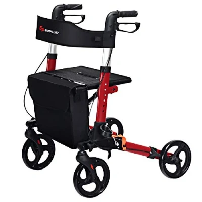 Image of COSTWAY Lightweight Folding Rollator Walker with Seat, Dual Safety Brake, Adjustable Height, 4 Wheels Mobility Aids Cane/Umbrella Holder &amp; Removable Storage Bag (Red)