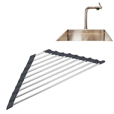 Image of CHAODI Roll Up Dish Drying Rack,Kitchen Triangle Rack Foldable Sponge Holder Drainer, Multi Function for Sink Corner Kitchen