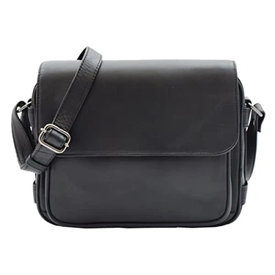 Image of Womens Cross Body Real Leather Messenger Bag Flap Over Organiser ASST Colours HOL325 (Black)
