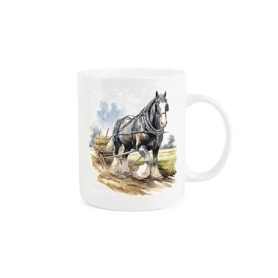 Image of Purely Home Shire Horse Farm Mug Painted Watercolour Cart Pulling Gift Present Tea Coffee White Bone China