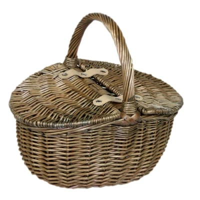 Image of Red Hamper EH091 Small Antique Wash Double Lidded Oval Picnic Basket Wicker Shopping, Brown