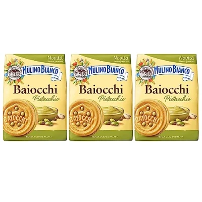 Image of MULINO BIANCO Baiocchi Shortbread cookies, biscuits with pistachio filling 240g (Pistachio, x3)