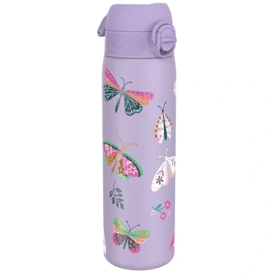 Image of Ion8 Vacuum Insulated Steel Water Bottle, 500 ml/18 oz, Leak Proof, Easy to Open, Secure Lock, Dishwasher Safe, Fits Cup Holders, Carry Handle, Scratch Resistant, Metal Butterfly Design