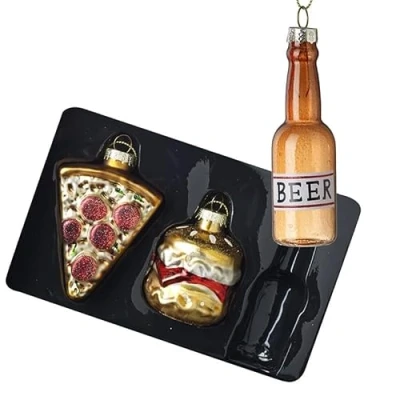 Image of Heaven Sends Set of 3 Beer, Pizza and Burger Christmas Hanging Decorations Glass Decoration for Home Gift Idea Ornaments Tree