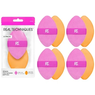 Image of Real Techniques 4 Pack Miracle 2 In 1 Powder Puffs, Dual Sided Makeup Blending Puff, Reversible Elastic Band, Precision Sponge and For Liquid, Cream Products
