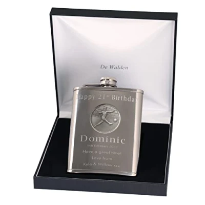 Image of 21st Birthday Engraved Hip Flask with Footballer Feature in Gift Box
